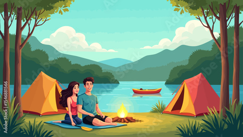 Romantic couple camping by the lake with tents and campfire under mountain scenery. Peaceful nature retreat.