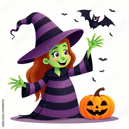 Green-skinned cartoon witch girl in striped costume celebrating Halloween with bats and a carved pumpkin.
