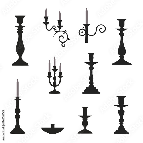 Set of black silhouette candle holders and candelabras, classic and elegant elements for vintage or Gothic themes.