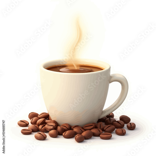 Hot coffee cup with aromatic steam and scattered coffee beans on white background, perfect for cafe or breakfast themes.