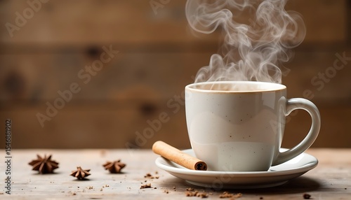 Steaming cup of coffee with cinnamon stick and star anise on wooden table  