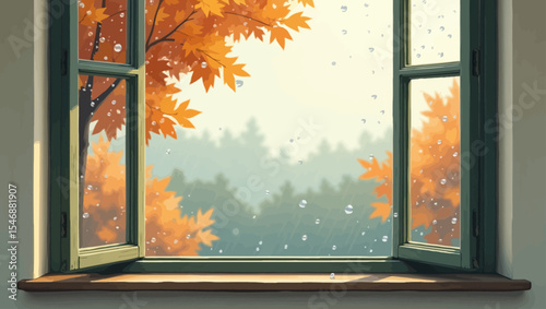 Autumn leaves and raindrops seen from open window, perfect for seasonal, cozy, and atmospheric illustrations.
