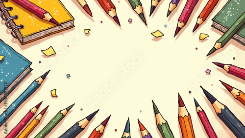 Colorful pencils forming a border with empty space in the middle, perfect for school, education, and back-to-school themes.