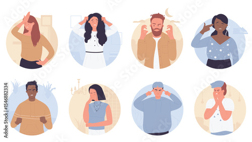 Angry and annoyed people in round avatar set vector illustration. Cartoon woman and man feeling stress, anger expression, frustrated girl with boredom on face, trouble of behavior isolated on white