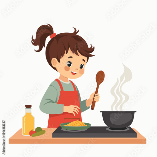 Young girl cooking and smiling with a pot on the stove in kitchen  