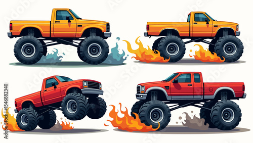 Trend monster trucks on fire with big wheels, stunts, flames, adrenaline action. Perfect for car sport posters and extreme design concepts.