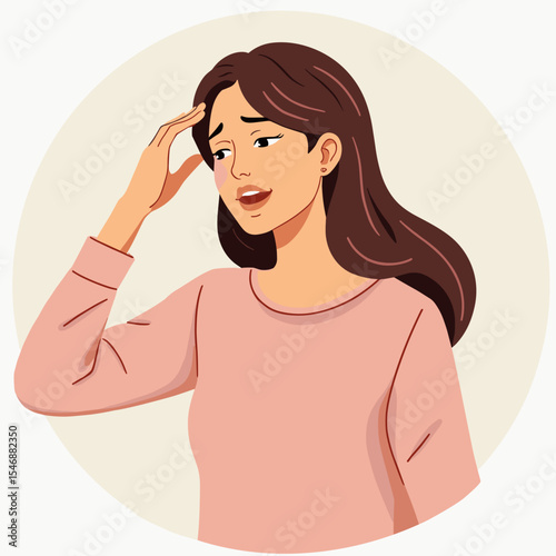 Young woman holding her head in distress with worried expression  