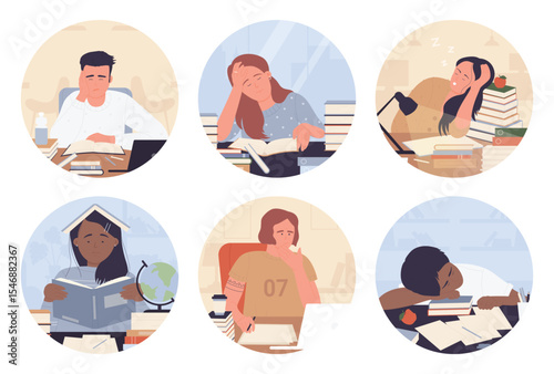 Tired sad students study without motivation in round avatar set vector illustration. Cartoon bored teens doing homework, portraits of exhausted boy and girl isolated on white. Education concept