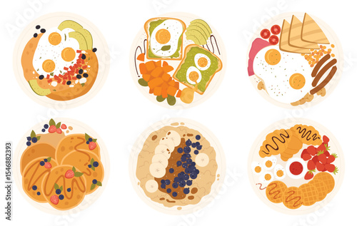 Breakfast food on plate set, top view vector illustration. Cartoon morning dish menu collection for cafe, home or hotel. Sausages with fried eggs, avocado toasts, waffles, pancakes isolated on white