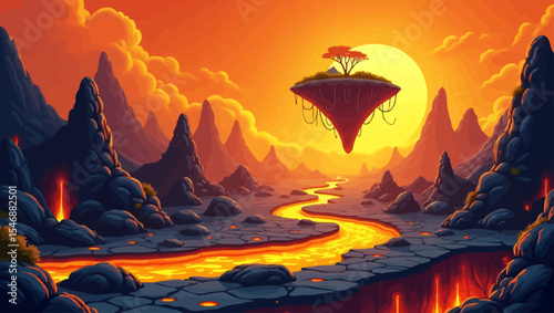  Fantasy lava landscape with floating island and glowing sunset in surreal volcano terrain, perfect for game or sci-fi concept art.