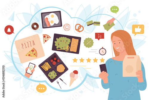 Food set delivery vector illustration. Cartoon girl ordering online, holding cardboard pack with takeaway meal or lunchbox and mobile phone, using high quality safe service with five stars review