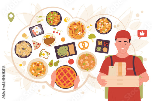 Food delivery express service vector illustration. Cartoon deliveryman holding cardboard boxes and containers, guy courier in uniform and cap delivering packages with lunch order from restaurant
