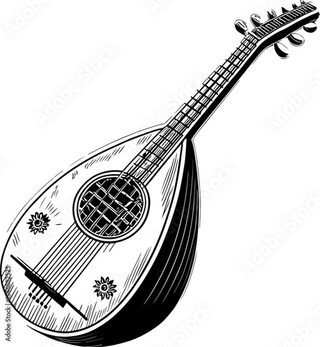 Hand drawn vintage lute musical instrument illustration