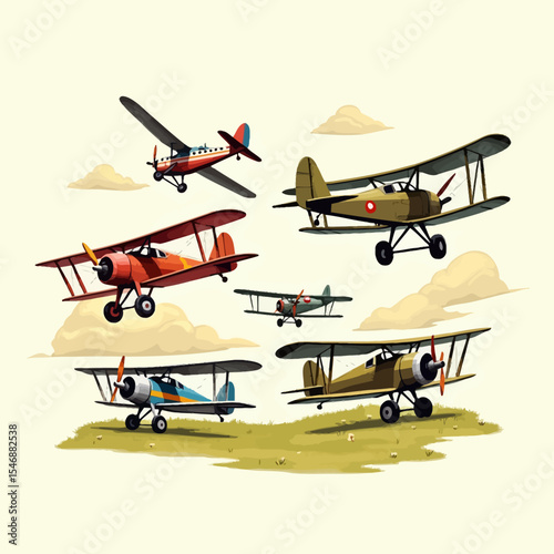 Vintage-style biplane collection flying in blue sky with clouds, perfect for aviation themes, travel posters, or retro designs.