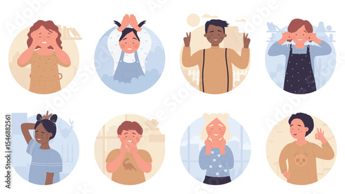 Fun face expressions of funny boy and girl in round avatar set vector illustration. Cartoon happy primary school kids smile, portraits of cute children with different hairstyle isolated on white