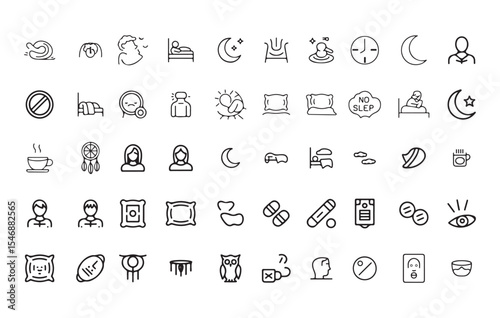 Collection of Black Line Icons Related to Sleep Insomnia Dreams and Rest vector