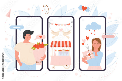 Love gifts on screens of mobile phones vector illustration. Cartoon happy girlfriend holding present with hearts, boyfriend with flowers bouquet, amour arrow and bow, doves. Valentines day concept