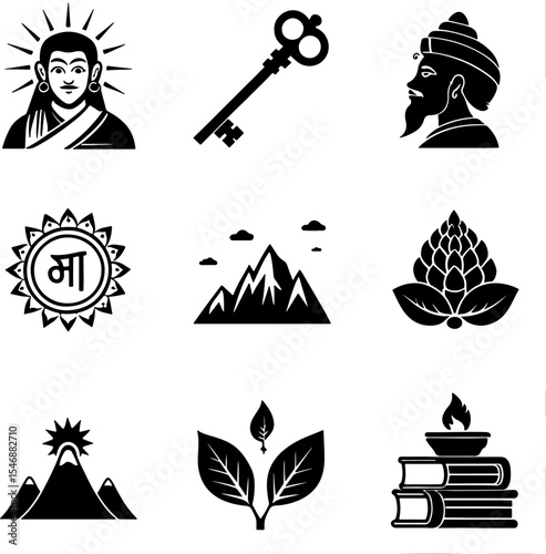 Nine black and white icons representing spirituality and knowledge