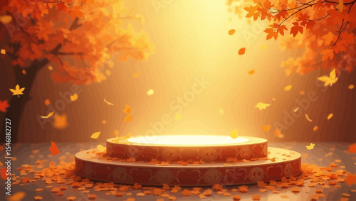 Autumn podium scene with warm golden light and falling leaves, elegant seasonal display perfect for product presentation and fall promotion.