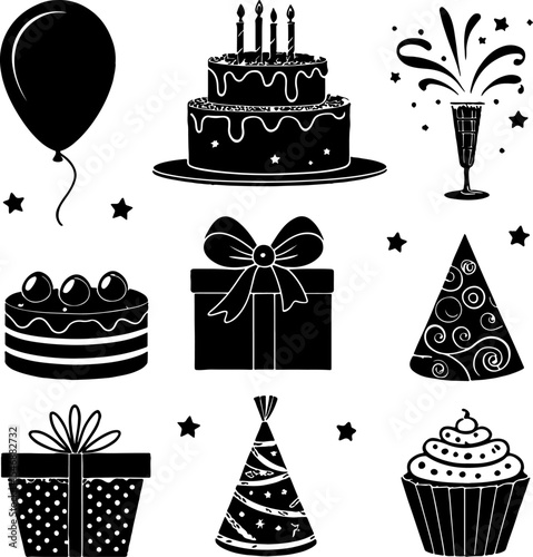Hand drawn birthday party icons set