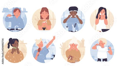 Kids daily hygiene in round avatar set vector illustration. Cartoon cute boy and girl brush teeth, children wash and clean face in home bathroom, care health. Morning or evening routine concept