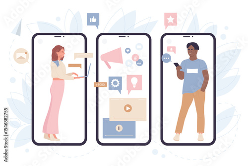 Online video advertising and communication on screens of mobile phones vector illustration. Cartoon people using digital technology, man and woman holding mobile phone and laptop, watching video