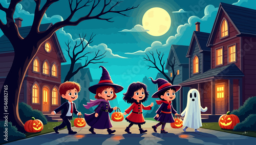 Group of kids in Halloween costumes walking down moonlit street with pumpkins, enjoying spooky fun and trick or treating at night.