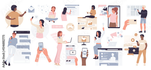 Online communication set, modern lifestyle vector illustration. Cartoon people videoconferencing with smart phone in hand, conversation with video or text messages in social media isolated on white