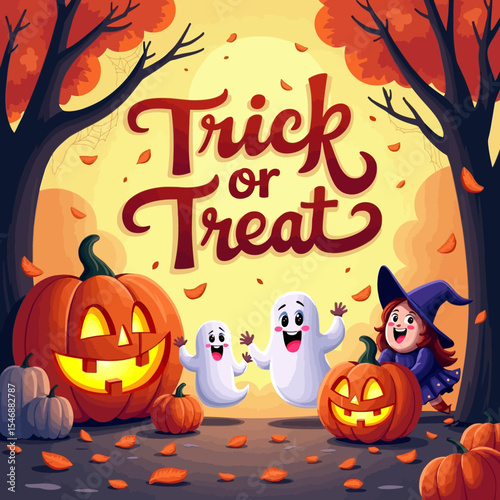  Cute Halloween illustration with ghosts, pumpkins, and a little witch under falling leaves, featuring a bold “Trick or Treat” title.