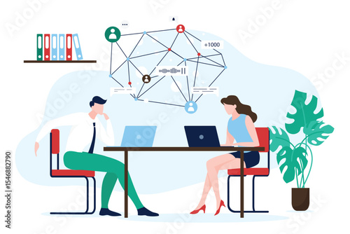 Business people work and connect with virtual global network vector illustration. Cartoon connected office managers building professional corporate teamwork, networking and meeting with team online
