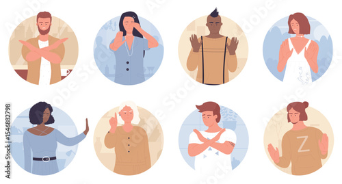 People with stop gesture in round avatar set vector illustration. Cartoon adult man and woman showing different denial poses with negative emotions, cross arms. Boycott, objection, reject concept