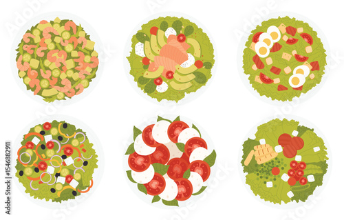 Salads in bowl top view, healthy food set vector illustration. Cartoon restaurant menu with organic fresh meals, salad with feta cheese, eggs and vegetables, fish ingredients isolated on white