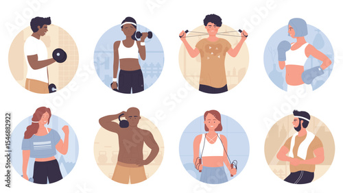 Sport exercises of people in gym, round avatar set vector illustration. Cartoon athletic woman and man training muscles wih dumbbell, barbell or kettlebell weight equipment. Sport activity concept