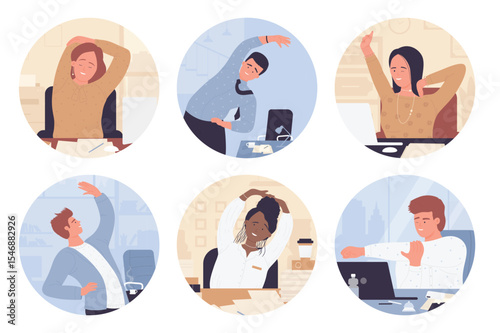 Workout in office, people doing exercise during work break in round avatar set vector illustration. Cartoon woman and man sitting, stretching neck, shoulders and back for body health isolated on white