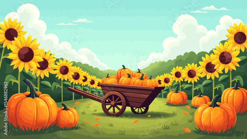 A wooden wheelbarrow full of pumpkins in a vibrant sunflower field under a clear blue sky.