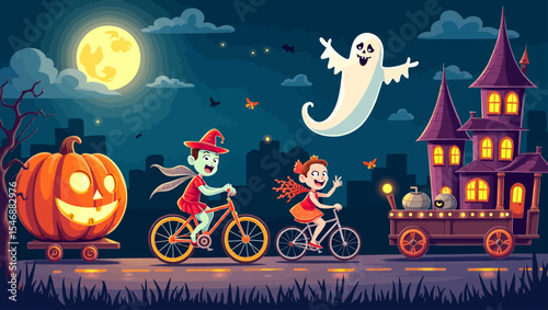 Kids in Halloween costumes ride bikes past a haunted house and giant pumpkin under a full moon with a ghost.