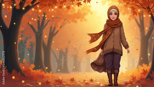 A young woman in a hijab walks through a glowing autumn forest filled with falling leaves and warm light.
