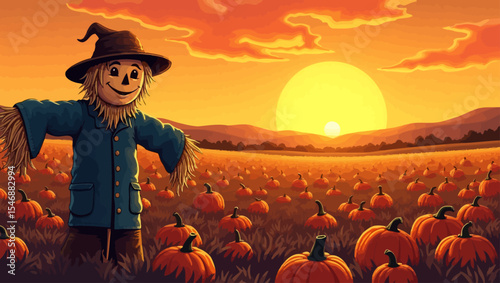  A smiling scarecrow stands in a pumpkin field at sunset, surrounded by warm fall colors and mountains.