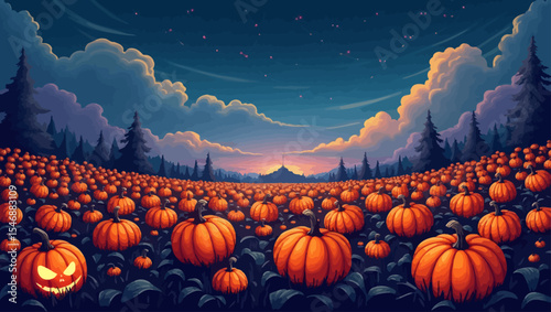 A vast pumpkin field under a twilight sky with glowing jack-o'-lanterns, perfect for Halloween and fall harvest themes.