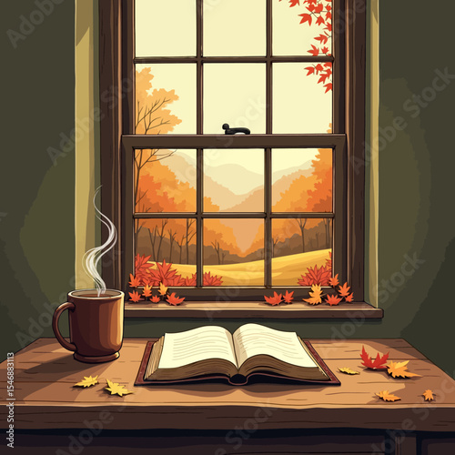  An open book and steaming coffee mug rest on a wooden table by a window, revealing a peaceful autumn landscape outside.