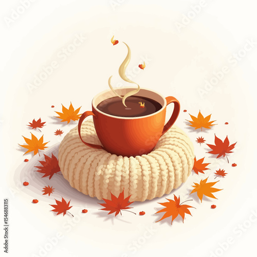  A cozy autumn coffee cup placed on a knitted cushion surrounded by colorful fall leaves, symbolizing warmth and seasonal comfort.