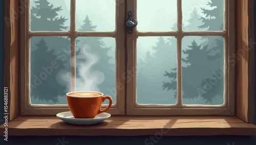 Serene scene of a steaming cup on a window ledge with foggy forest in the background, ideal for cozy, introspective, or autumn content.