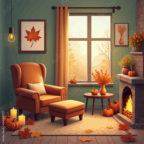 Warm autumn living room with cozy chair, fireplace, pumpkins, candles, and fall leaves, perfect for seasonal interior design content.