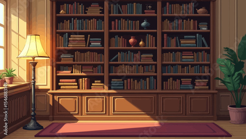 Elegant wooden bookshelf with warm ambient lighting and organized books, perfect for library, study room, or cozy interior themes.