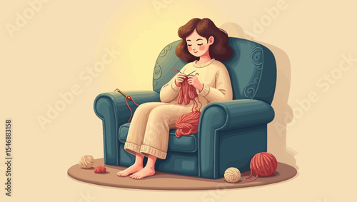 A cozy autumn scene of a woman knitting in a warm chair, surrounded by yarn balls, perfect for relaxing and home-themed illustrations.