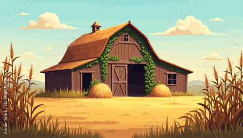 Rustic barn in a golden field with haystacks and corn, under a clear blue sky.