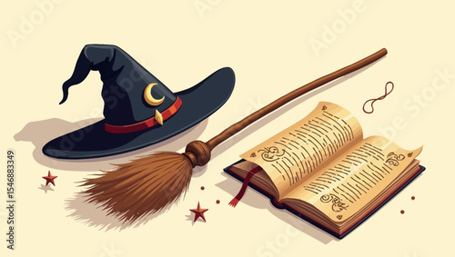 Witch hat, broomstick, and open spellbook in a magical Halloween composition.
