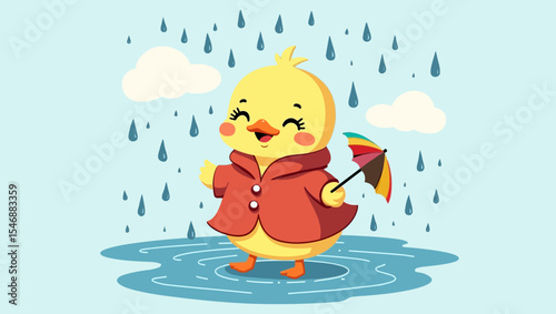Cute yellow chick with a raincoat and umbrella happily standing in puddles under the rain.