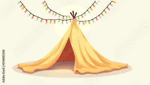  Cozy yellow tent with hanging lights, perfect for outdoor camping and festival scenes.