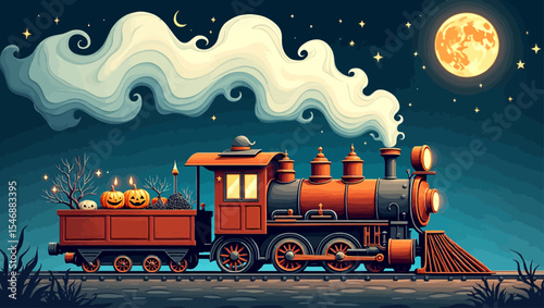 Halloween-themed train with pumpkins under moonlight, puffing through a spooky night scene.